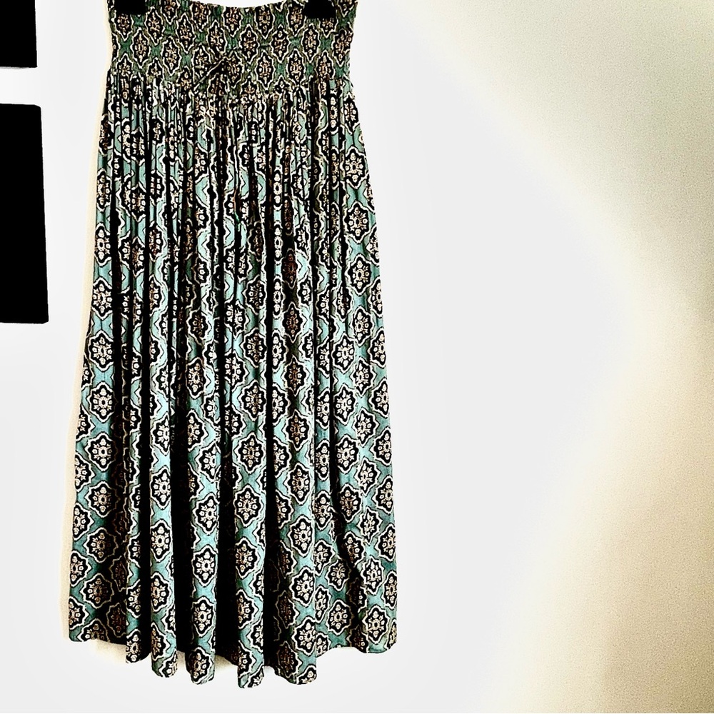 Zara Boho Drawstring Smock Waist Medallion Printed Maxi Skirt In Green S NWT - Picture 6 of 15